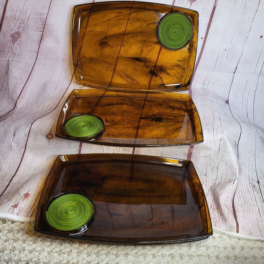 Vintage Pristine Mid Century Modern Tortoise Plastic set of 4 Trays Jute Coaster